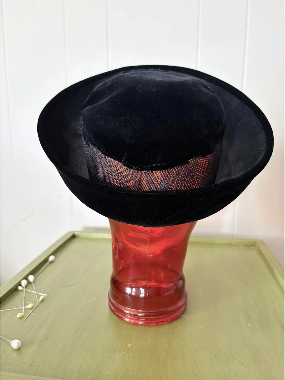 Vintage Black Velvet Valerie Modes Hat with Mesh Detail